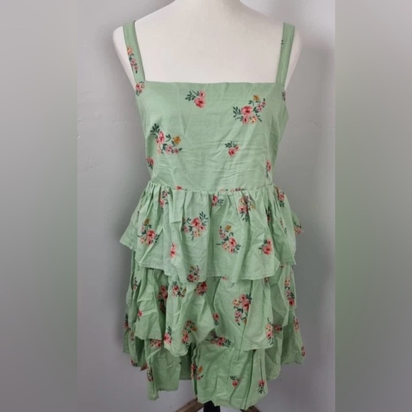 Sage Green Floral Ruffle Tiered Square Neck Dress NWT - Picture 5 of 5
